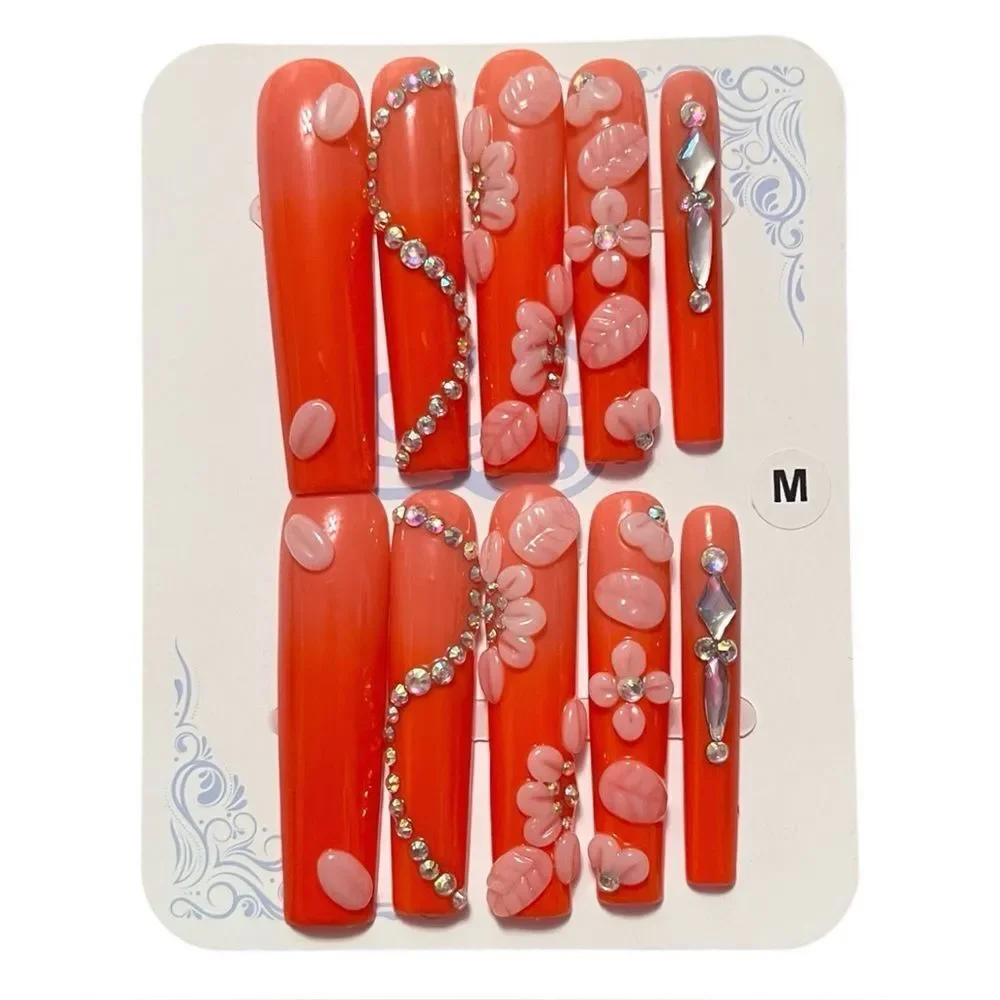 Stylish Handmade Coral Rhinestone 3D Flowers Extra Long Press-On Nails Size M